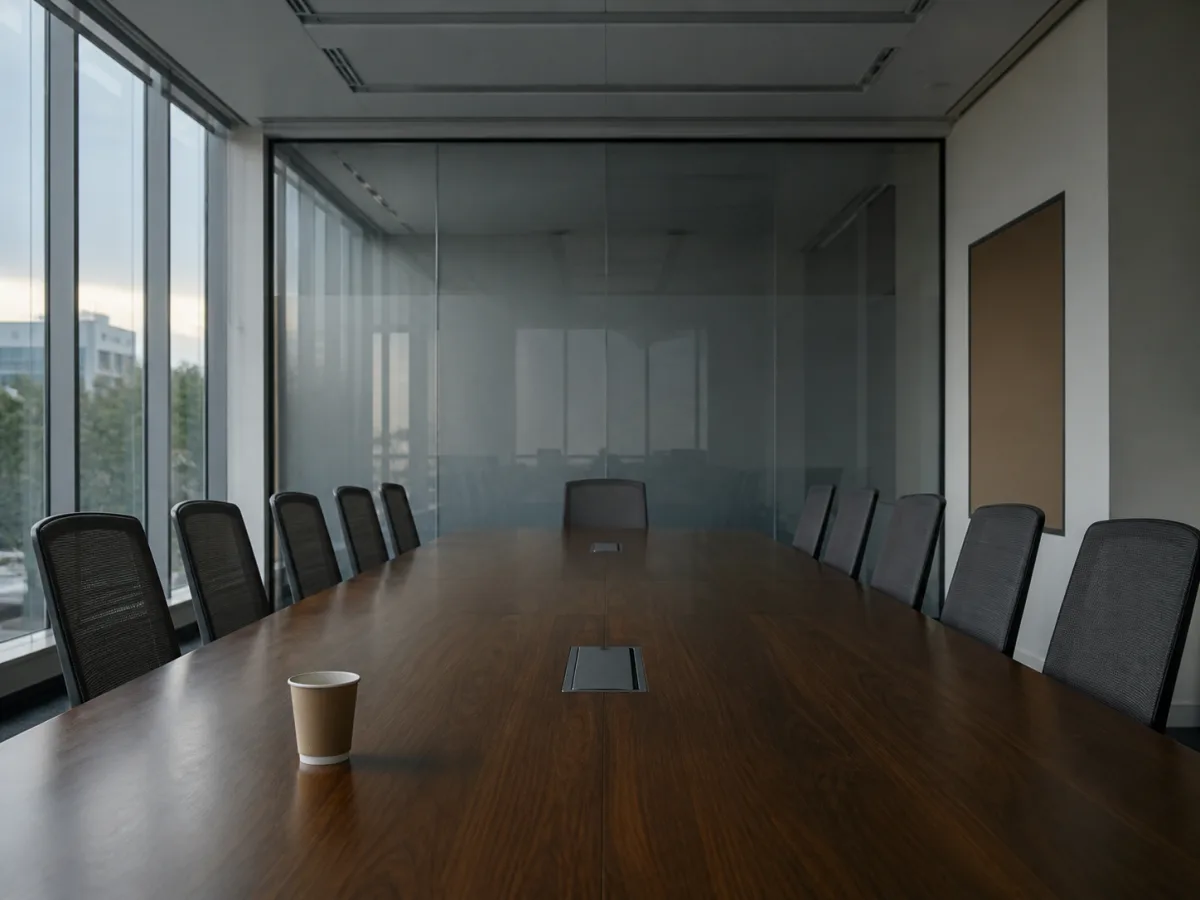 An empty conference room with one forgotten coffee cup