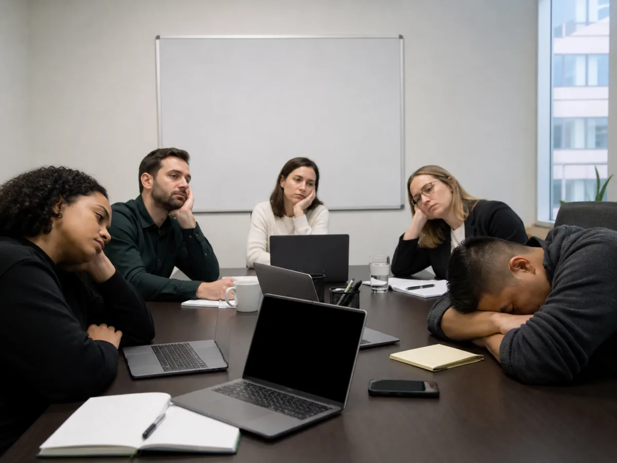 A tired office team sitting through a long meeting