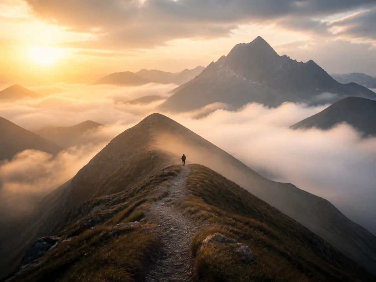 A lone hiker crossing a mountain ridge above the clouds at sunrise