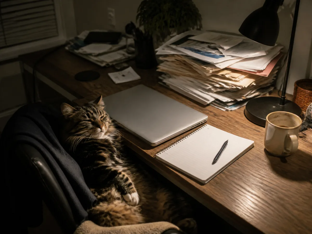 A cat asleep beside an unfinished notebook and a stack of paperwork