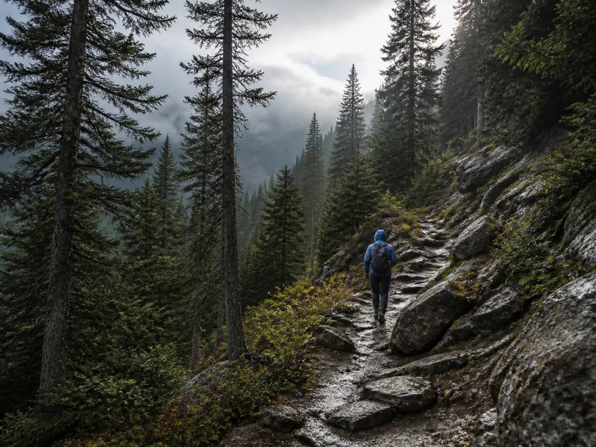 A lone hiker continuing up a wet forest trail