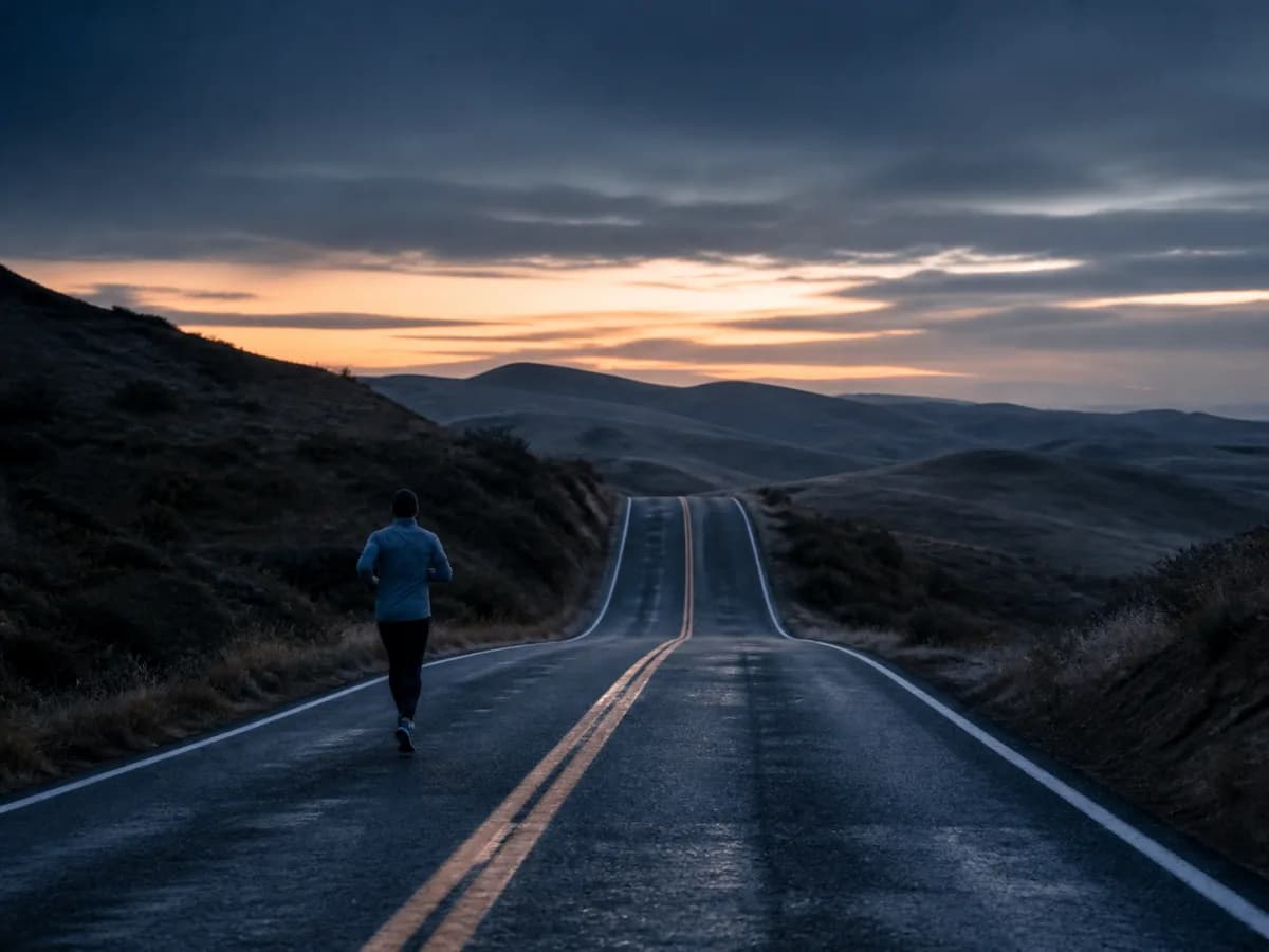 A runner climbing an empty road before sunrise